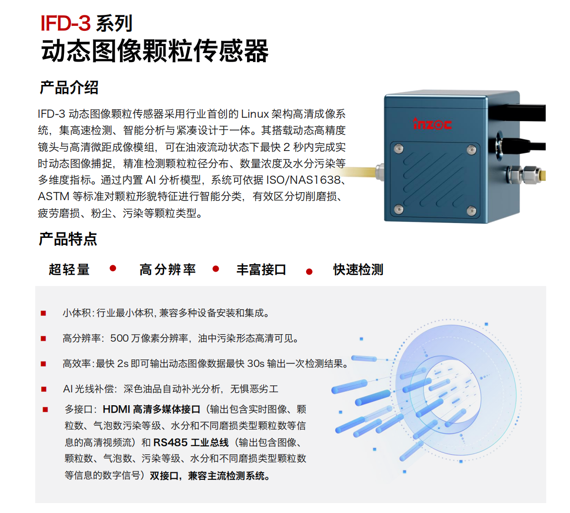 IFD-3系列動態圖像顆粒傳感器采用行業首創的 Linux 架構高清成像系統，集高速檢測、智能分析與緊湊設計于一體。其搭載動態高精度鏡頭與高清微距成像模組，可在油液流動狀態下最快 2 秒內完成實時動態圖像捕捉，精準檢測顆粒粒徑分布、數量濃度及水分污染等多維度指標。通過內置 AI 分析模型，系統可依據 ISO/NAS1638、ASTM 等標準對顆粒形貌特征進行智能分類，有效區分切削磨損、疲勞磨損、粉塵、污染等顆粒類型。